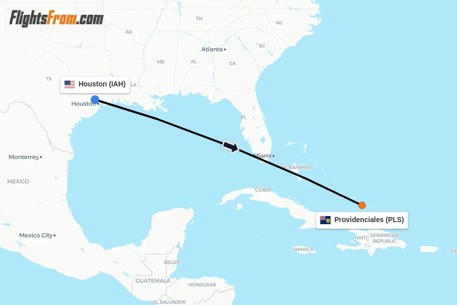 Flights from Houston to Providenciales route map