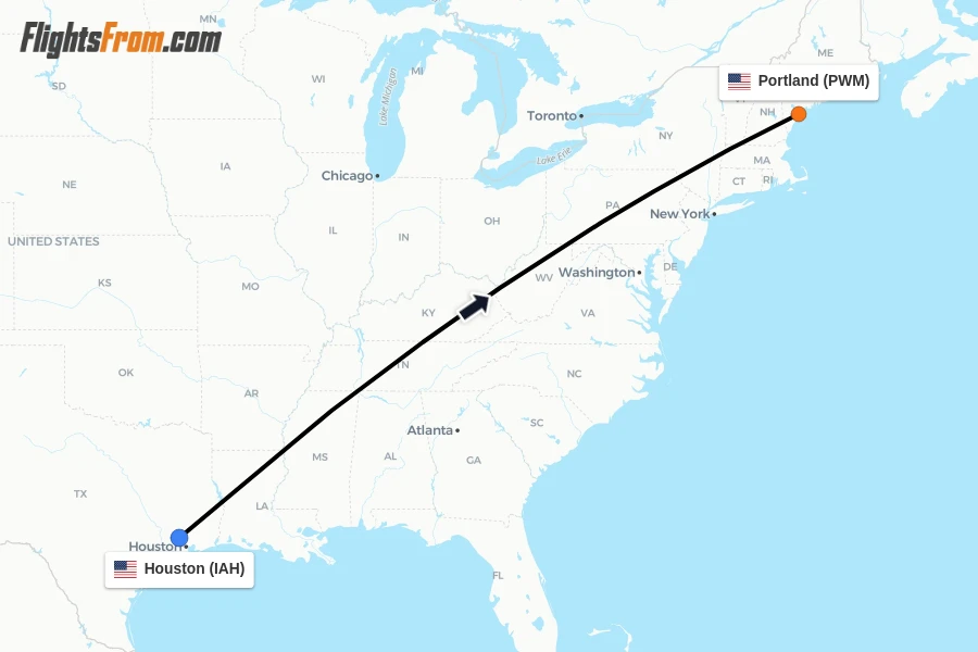 Flights from Houston to Portland route map