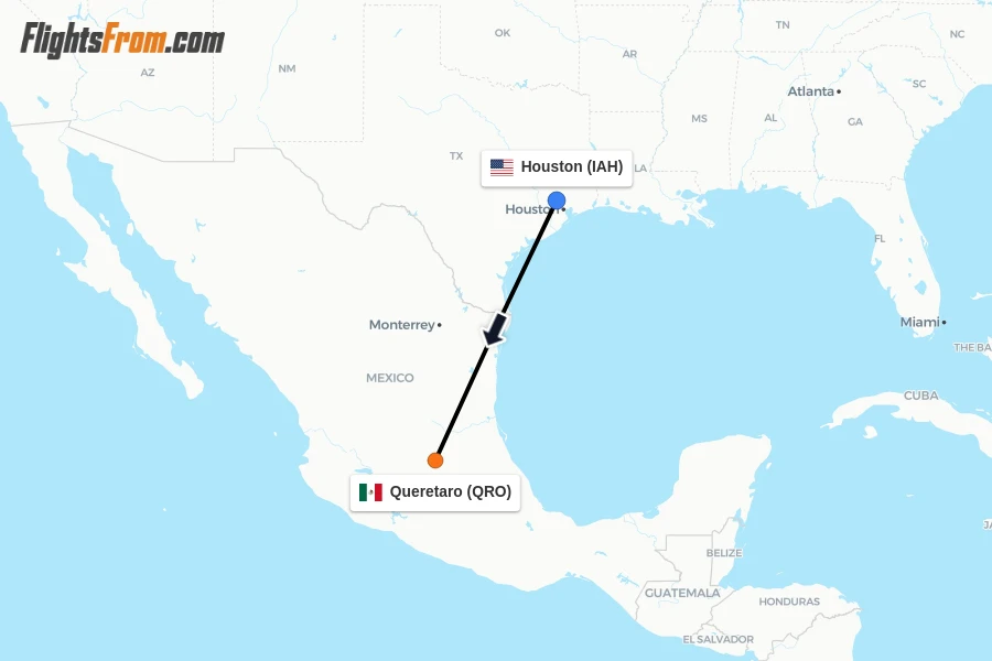Flights from Houston to Queretaro route map