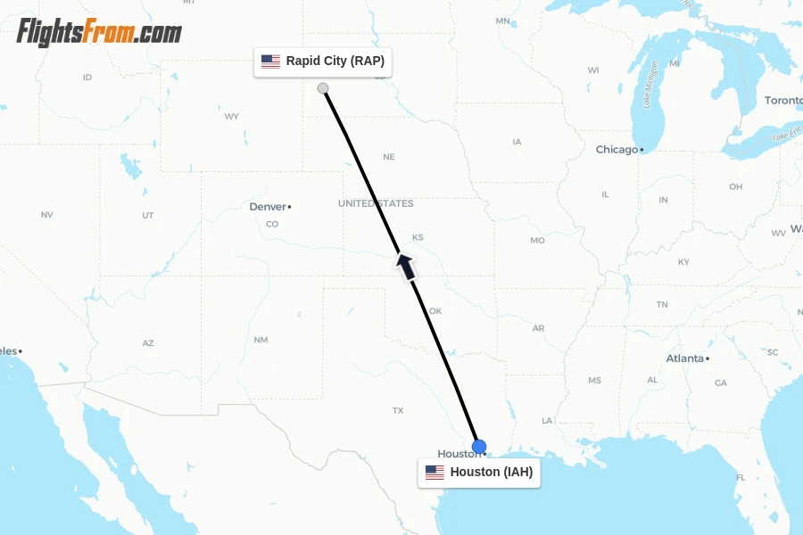 Flights from Houston to Rapid City route map