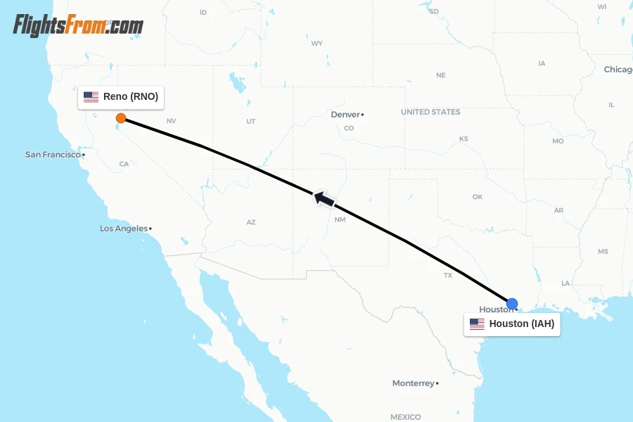 Flights from Houston to Reno route map