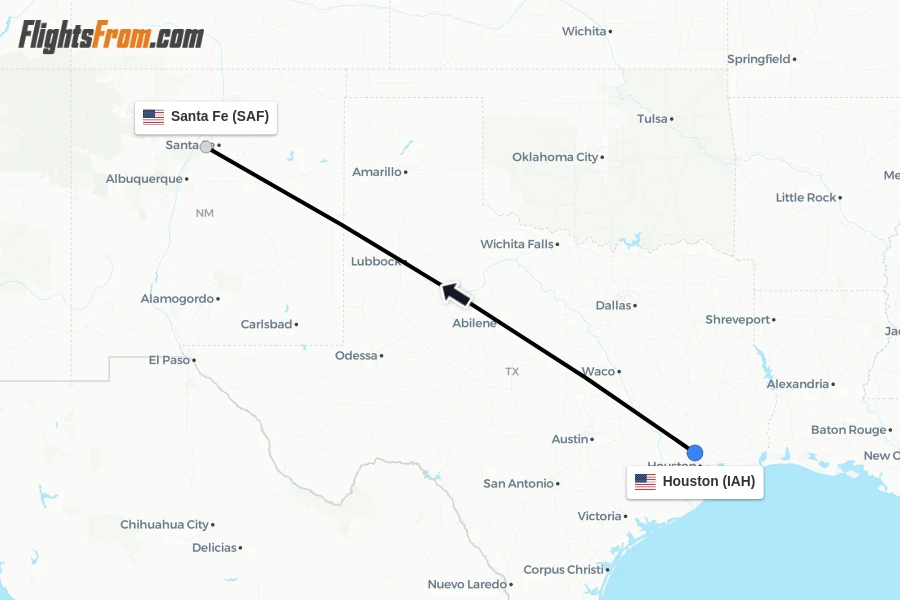 Flights from Houston to Santa Fe route map
