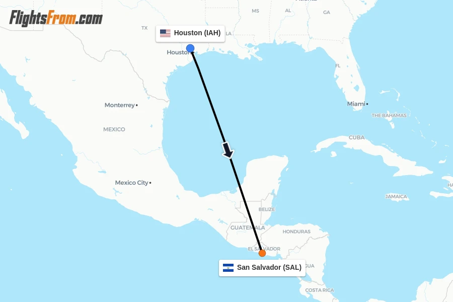 Flights from Houston to San Salvador route map