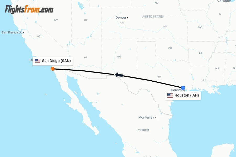 Flights from Houston to San Diego route map