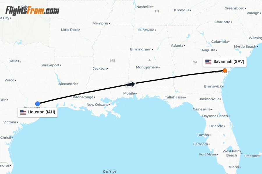 Flights from Houston to Savannah route map