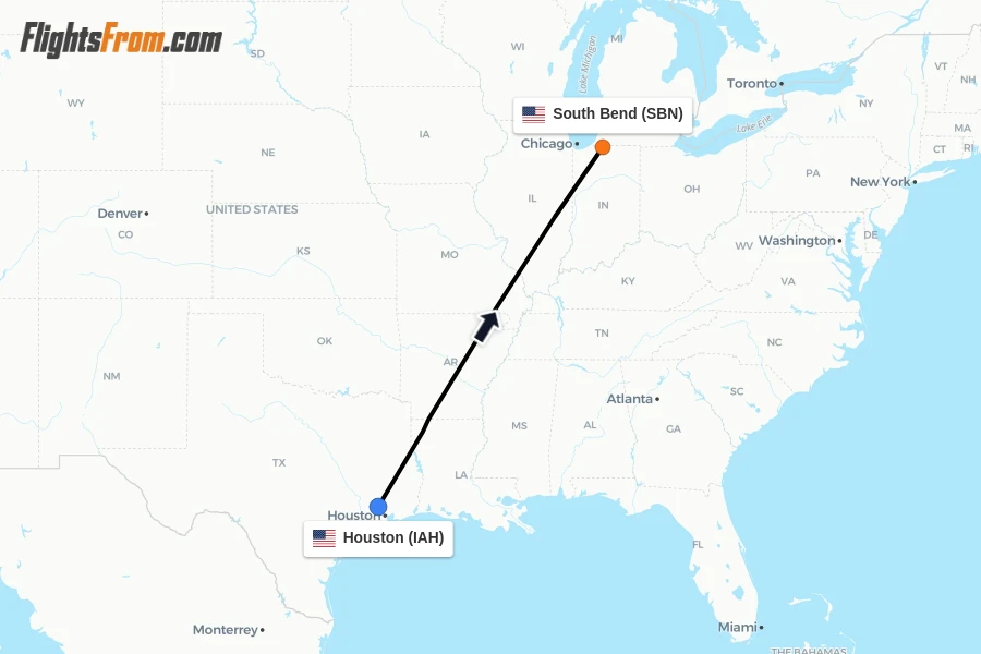Flights from Houston to South Bend route map