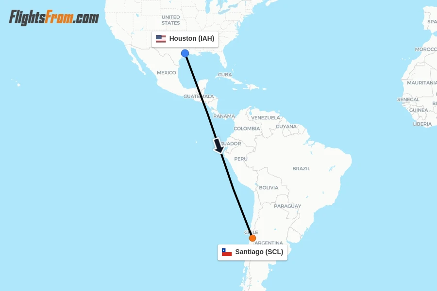 Flights from Houston to Santiago route map