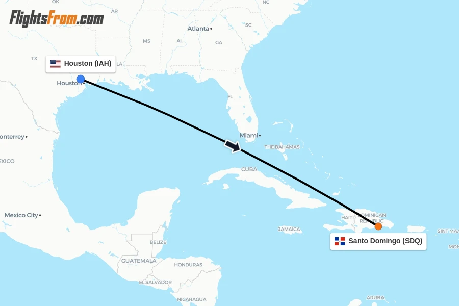 Flights from Houston to Santo Domingo route map