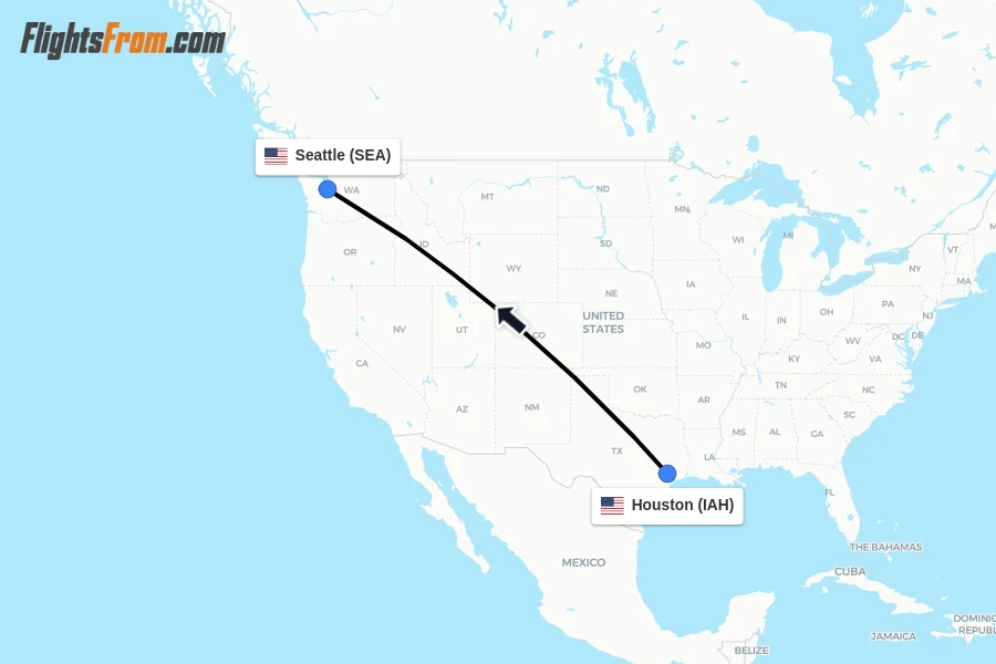 Flights from Houston to Seattle route map