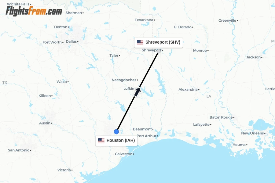 Flights from Houston to Shreveport route map
