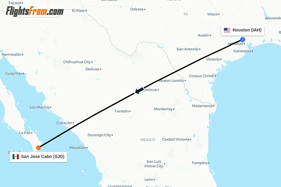 Flights from Houston to San Jose Cabo route map