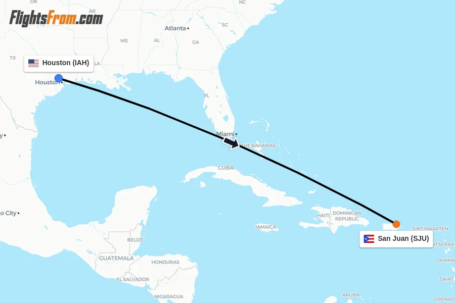 Flights from Houston to San Juan route map