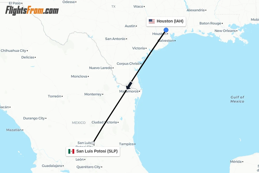 Flights from Houston to San Luis Potosi route map