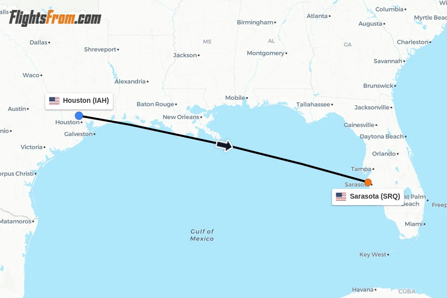 Flights from Houston to Sarasota route map