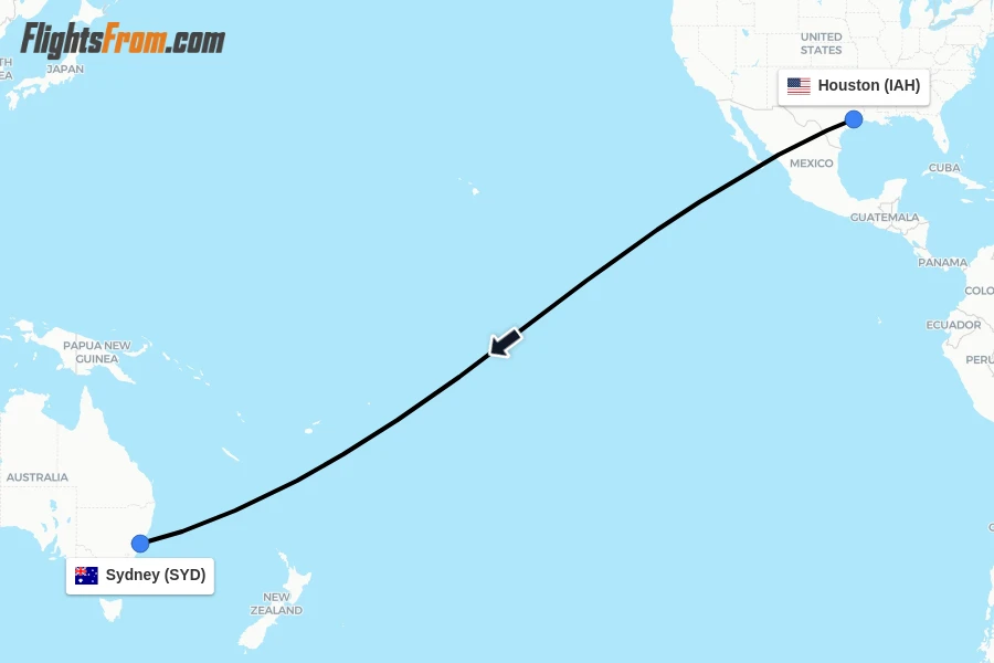 Flights from Houston to Sydney route map