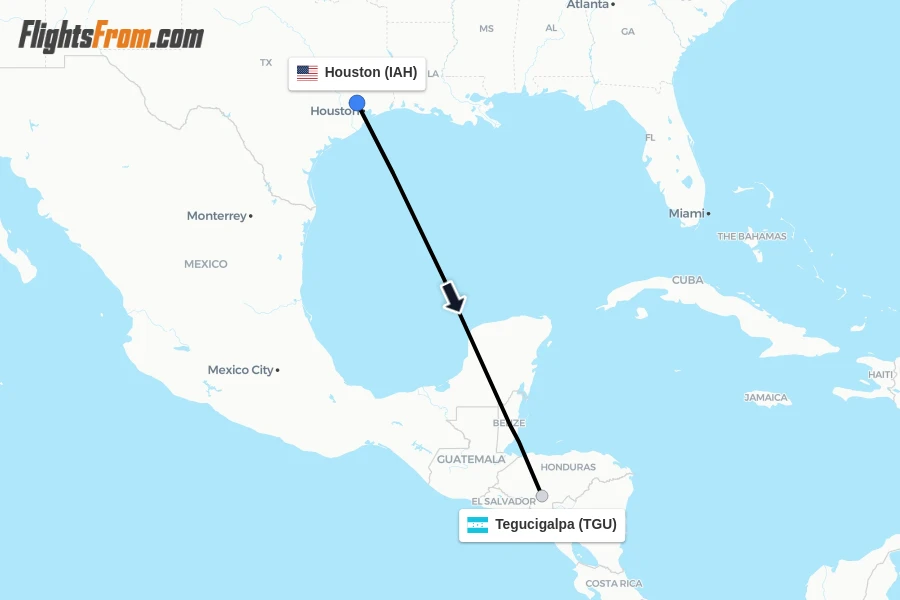 Flights from Houston to Tegucigalpa route map