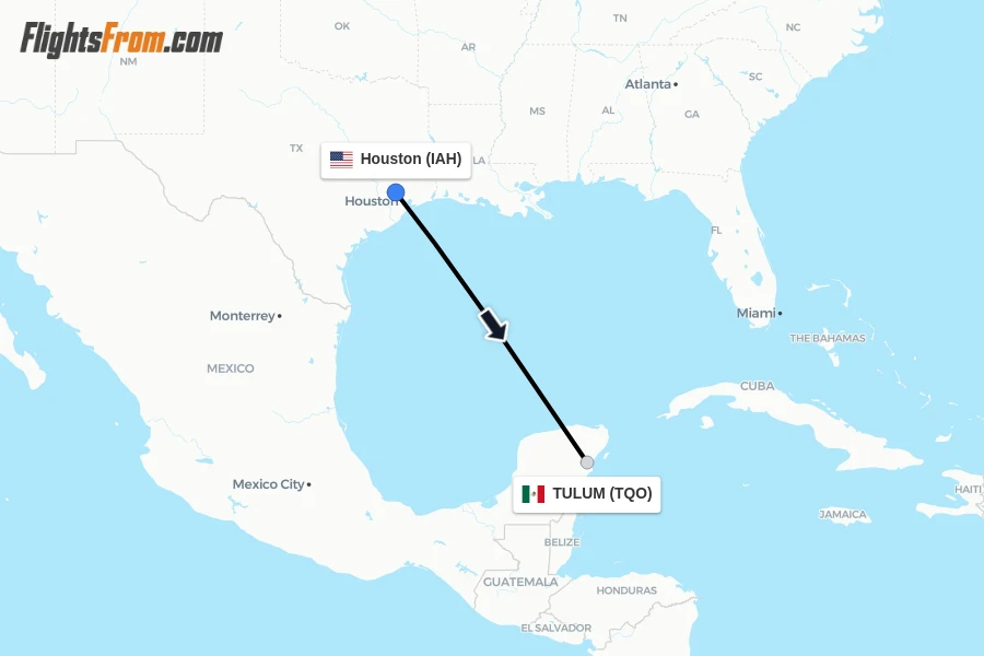 Flights from Houston to TULUM route map