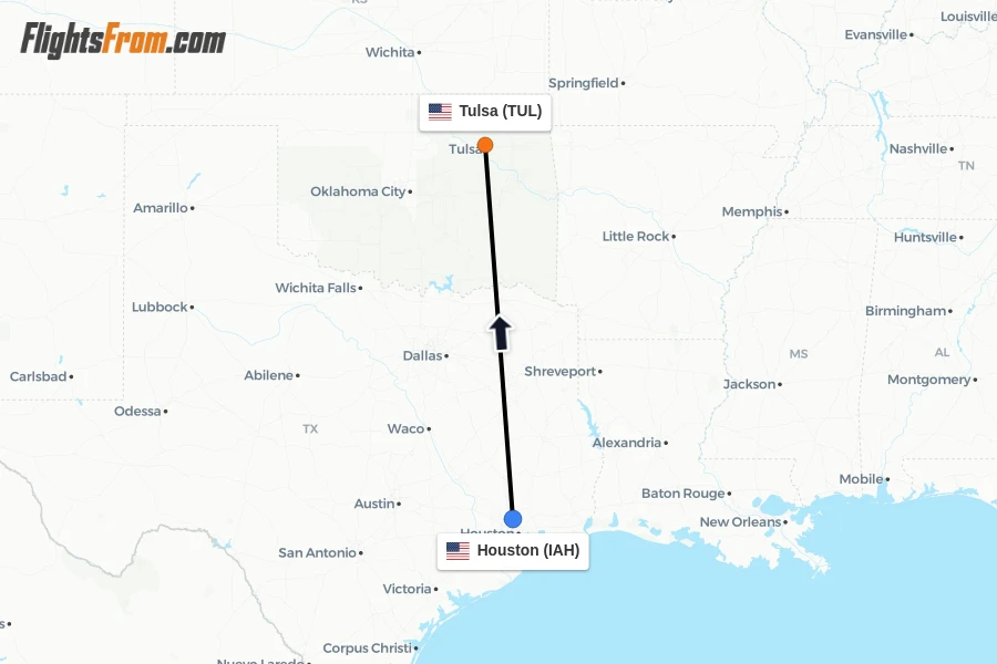 Flights from Houston to Tulsa route map