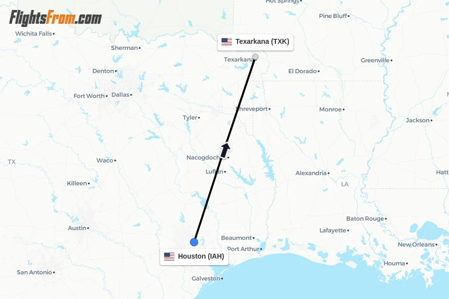 Flights from Houston to Texarkana route map