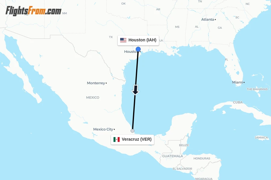 Flights from Houston to Veracruz route map