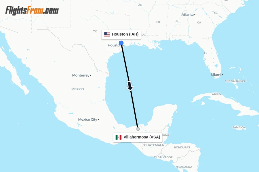 Flights from Houston to Villahermosa route map