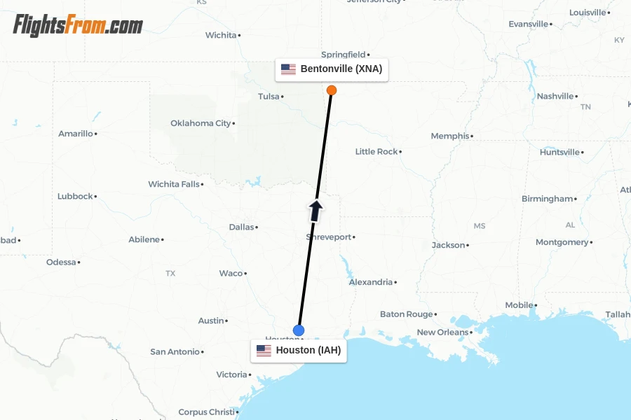 Flights from Houston to Bentonville route map