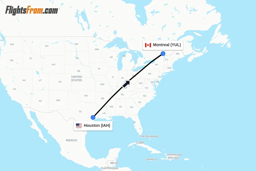 Flights from Houston to Montreal route map