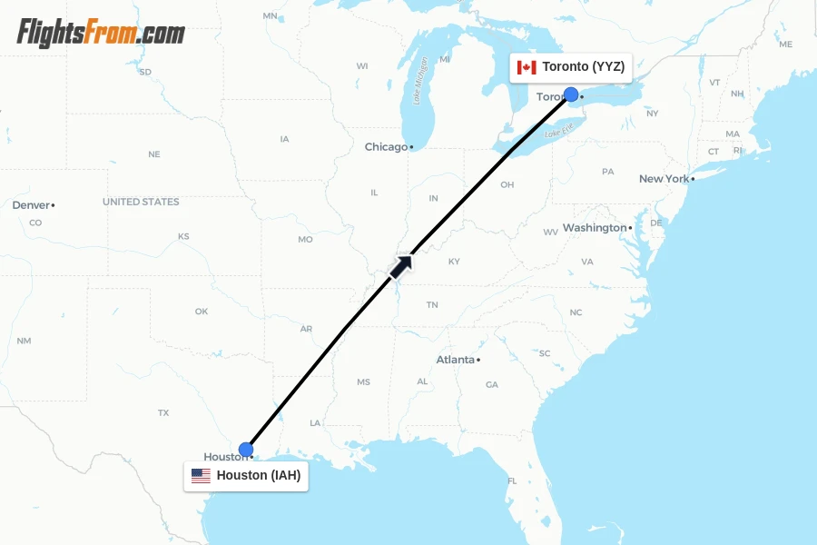 Flights from Houston to Toronto route map