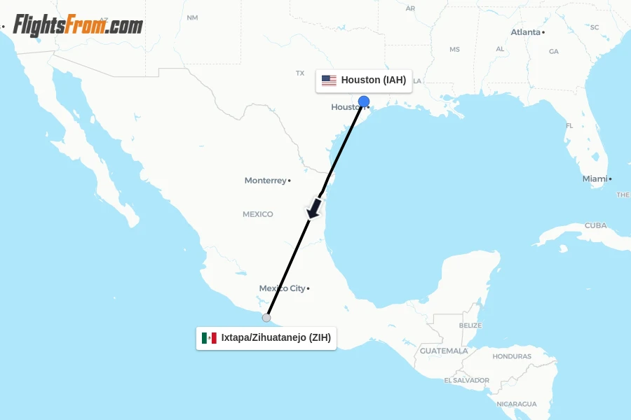 Flights from Houston to Ixtapa/Zihuatanejo route map