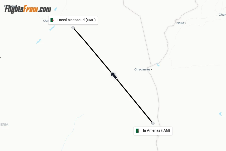 Flights from In Amenas to Hassi Messaoud route map