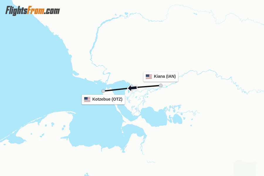 Flights from Kiana to Kotzebue route map