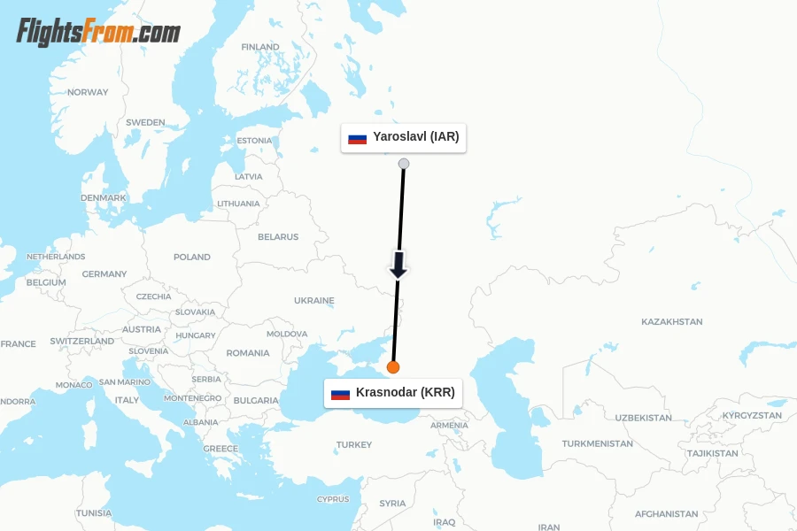 Flights from Yaroslavl to Krasnodar route map