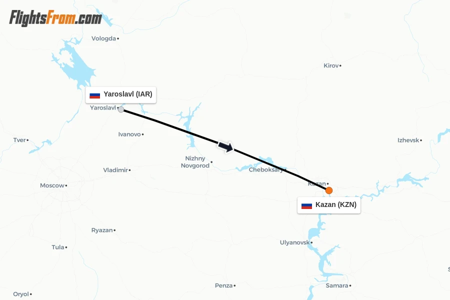 Flights from Yaroslavl to Kazan route map