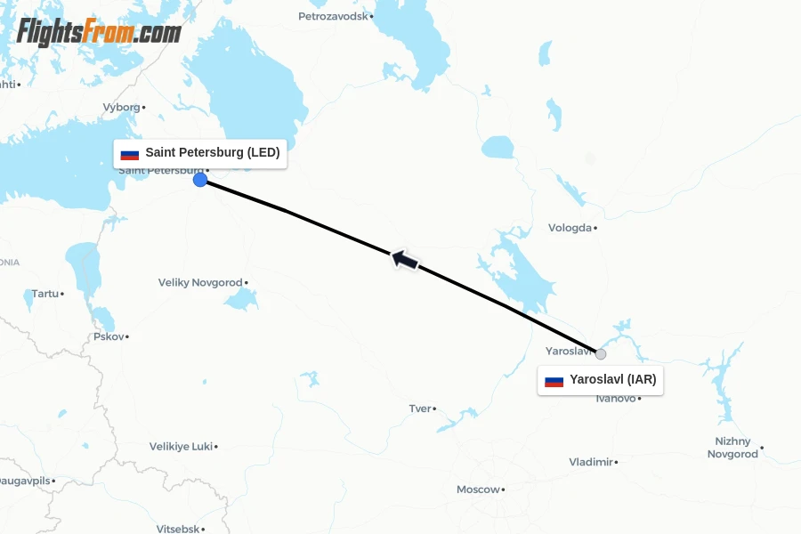 Flights from Yaroslavl to Saint Petersburg route map