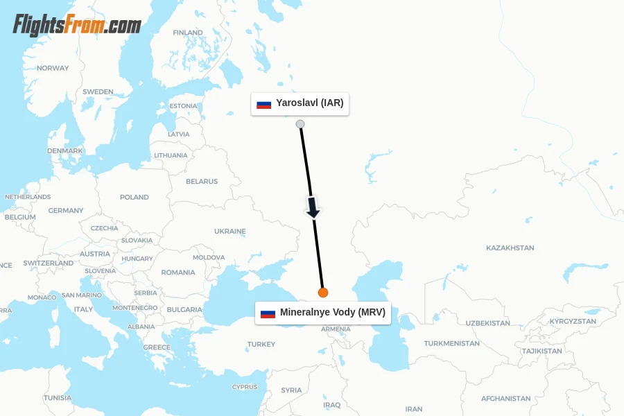 Flights from Yaroslavl to Mineralnye Vody route map