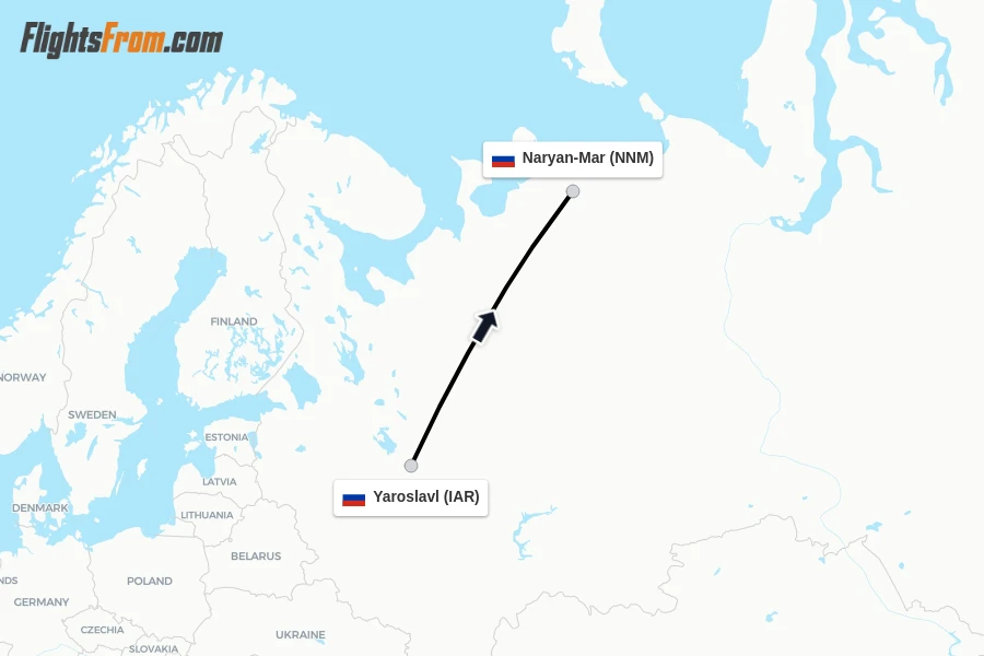 Flights from Yaroslavl to Naryan-Mar route map