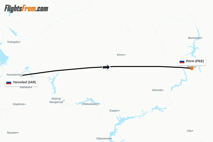 Flights from Yaroslavl to Perm route map