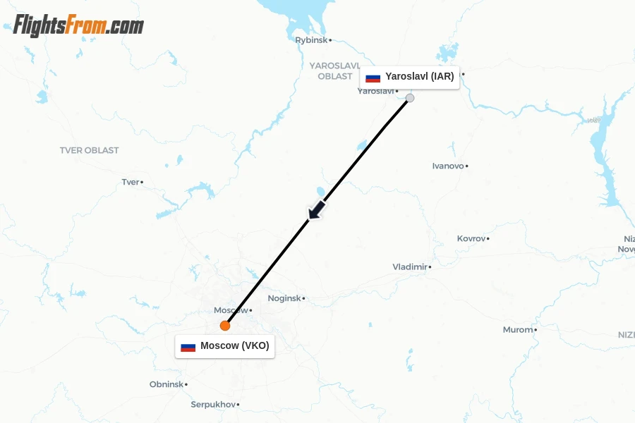 Flights from Yaroslavl to Moscow route map