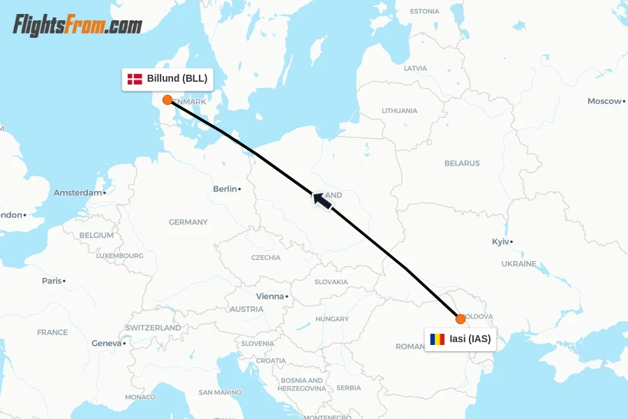 Flights from Iasi to Billund route map