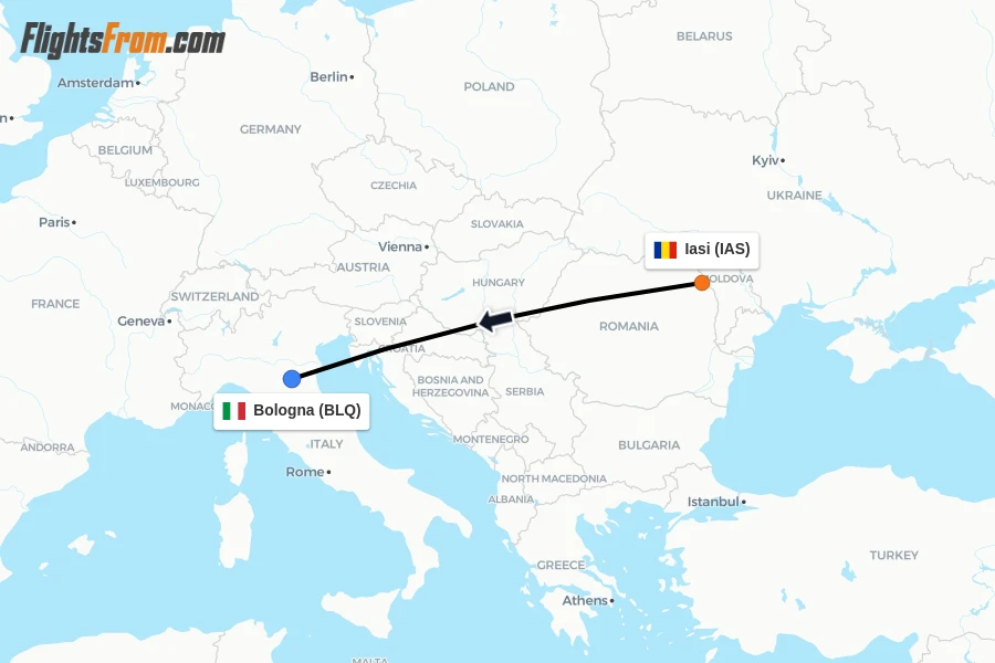 Flights from Iasi to Bologna route map