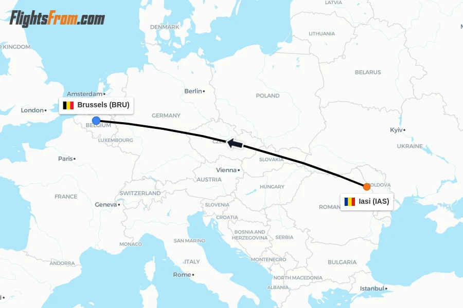 Flights from Iasi to Brussels route map