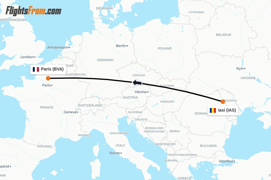 Flights from Iasi to Paris route map