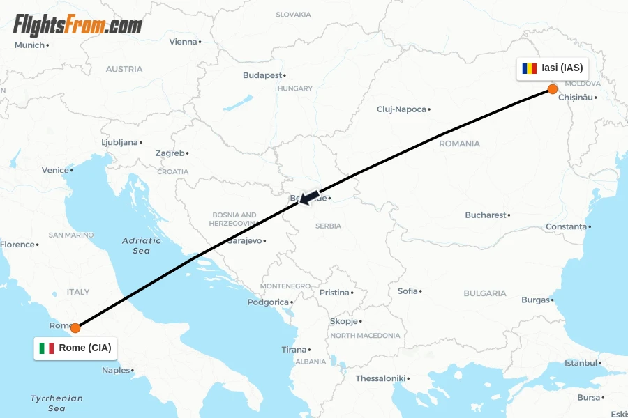 Flights from Iasi to Rome route map