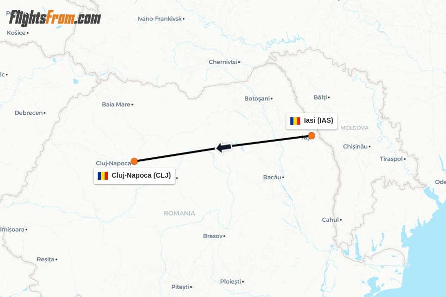 Flights from Iasi to Cluj-Napoca route map