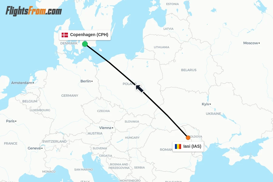 Flights from Iasi to Copenhagen route map