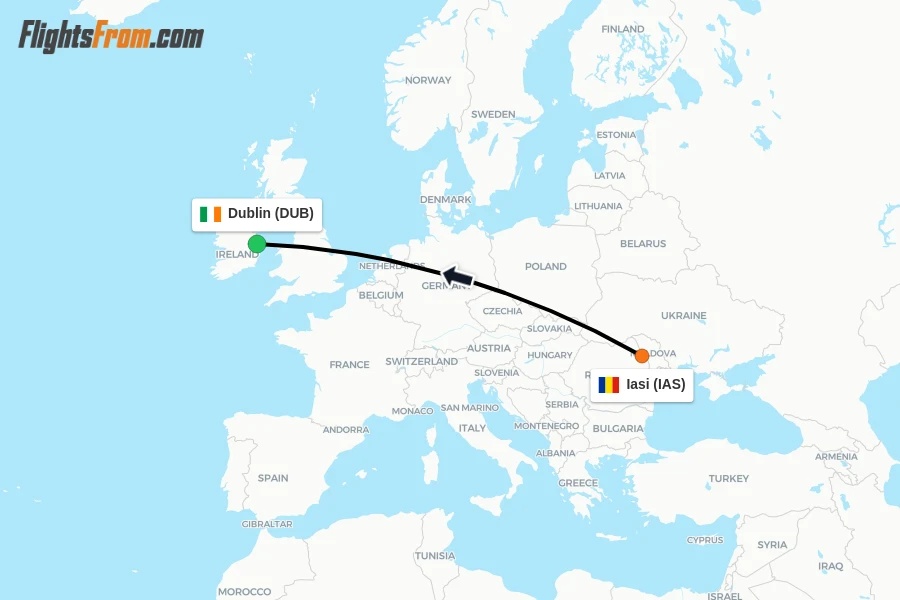 Flights from Iasi to Dublin route map