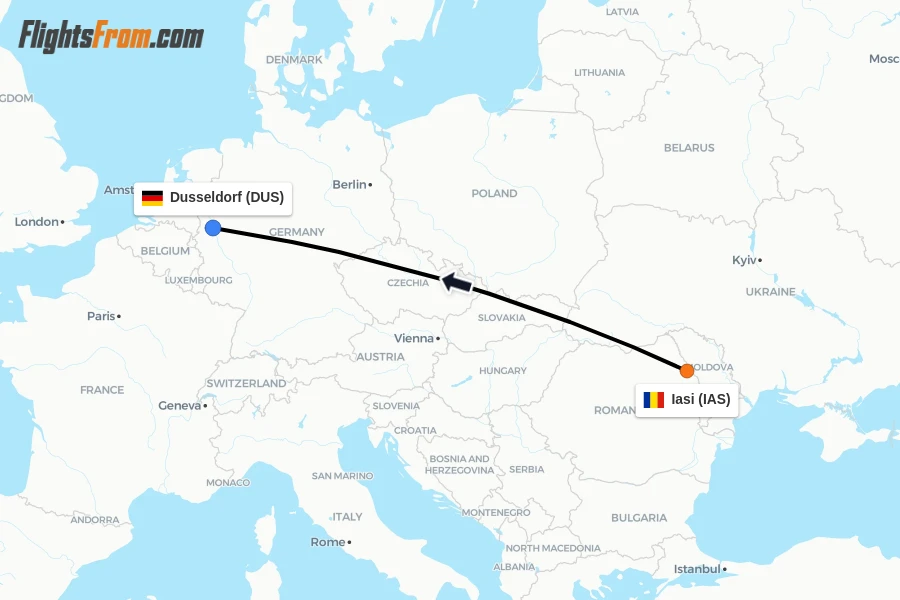 Flights from Iasi to Dusseldorf route map