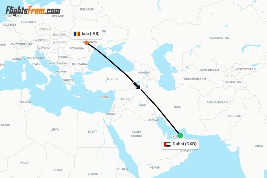 Flights from Iasi to Dubai route map