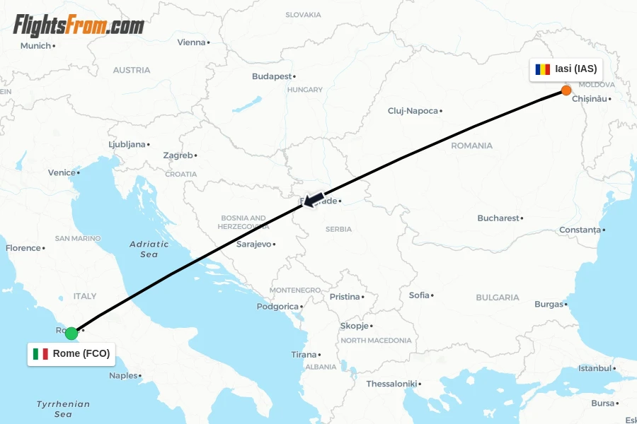 Flights from Iasi to Rome route map