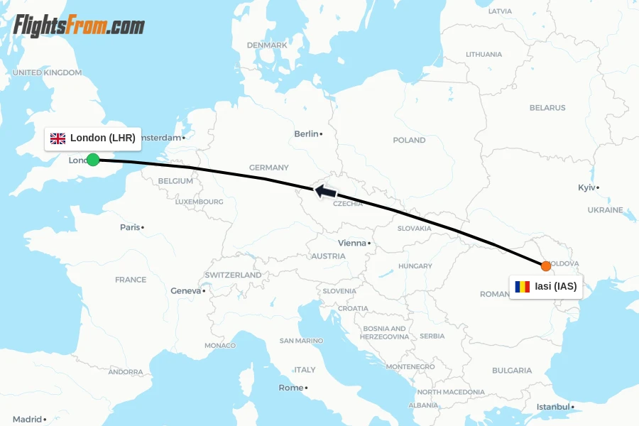 Flights from Iasi to London route map